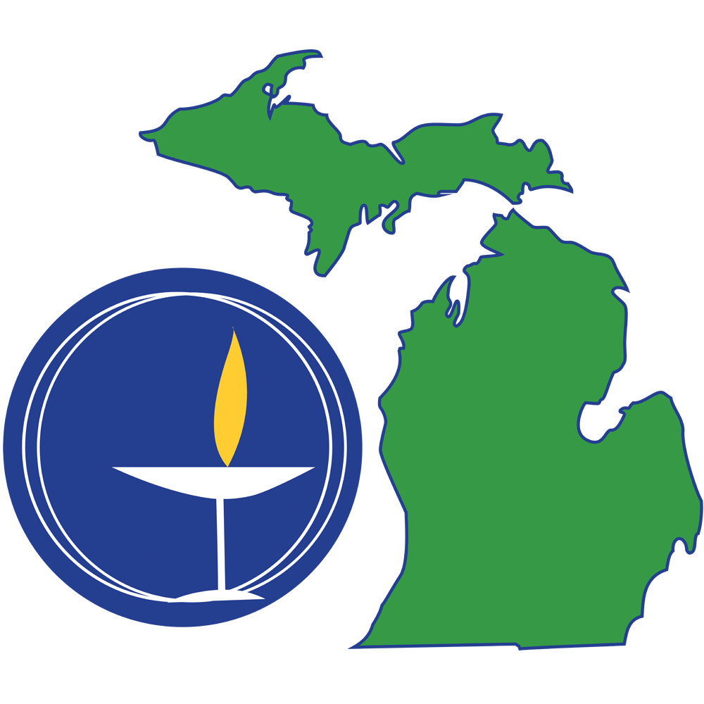 Michigan Unitarian Universalist Social Justice Network logo - an image of the state of Michigan and the UU Chalice